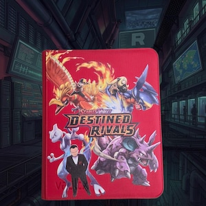 May include: A red rectangular trading card binder featuring the Scarlet & Violet Destined Rivals logo. The cover displays illustrations of various characters and creatures, including a fire bird, a purple armored creature, and a person in a suit.