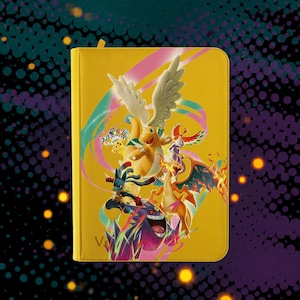 May include: A bright yellow zippered binder featuring a colorful graphic print of various animated creatures including a large winged dragon, a fire-breathing lizard, a purple ghost-like figure, and a blue canine character amidst swirling light streaks.