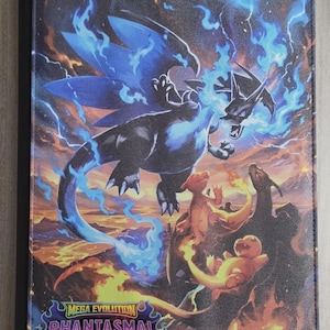 Custom UV printed Pokémon-themed trading card black zippered Vault X binder featuring Mega Charizard X SIR design with Phantasmal Flames set logo at the bottom, Side loading tcg binder