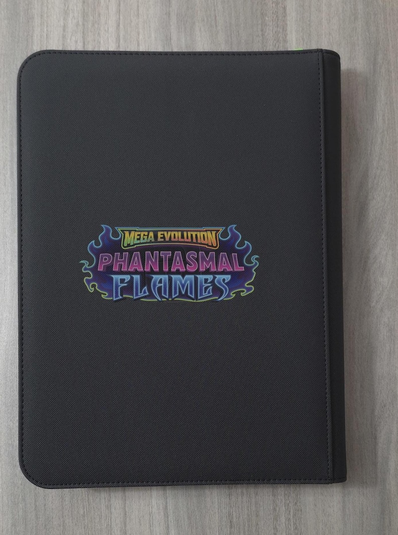 Custom UV printed Pokémon-themed trading card black zippered Vault X binder featuring Mega Charizard X SIR design in the front and Phantasmal Flames set logo at the back of the binder, Side loading tcg binder
