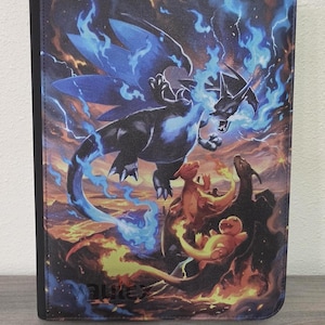 Custom UV printed Pokémon-themed trading card black zippered binder featuring Mega Charizard X SIR Vault X logo at the bottom Side loading tcg binder