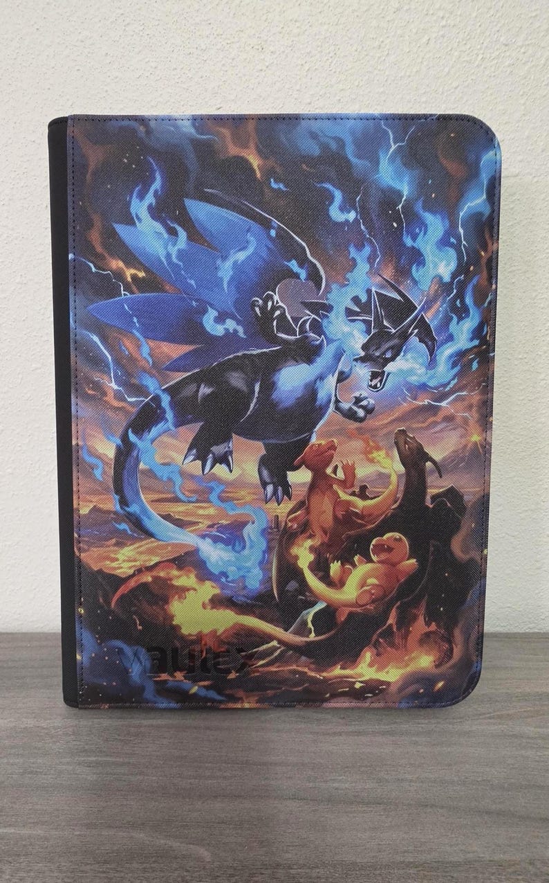Custom UV printed Pokémon-themed trading card black zippered binder featuring Mega Charizard X SIR Vault X logo at the bottom Side loading tcg binder