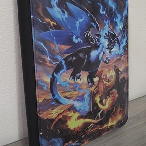 Custom UV printed Pokémon-themed trading card black zippered binder featuring Mega Charizard X SIR Vault X logo at the bottom Side loading tcg binder