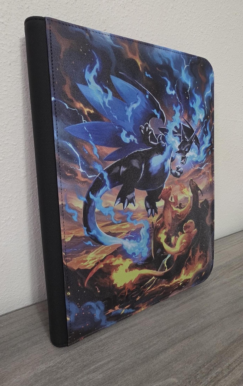 Custom UV printed Pokémon-themed trading card black zippered binder featuring Mega Charizard X SIR Vault X logo at the bottom Side loading tcg binder