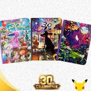 May include: Three rectangular trading card binders featuring vibrant Pokémon illustrations. The left binder shows Espeon and Eevee, the center binder features Umbreon, and the right binder displays Gengar. Each binder includes the number 30 in the design.