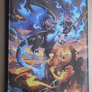 Custom UV printed Pokémon-themed trading card black zippered binder featuring Mega Charizard X SIR Vault X logo at the bottom Side loading tcg binder