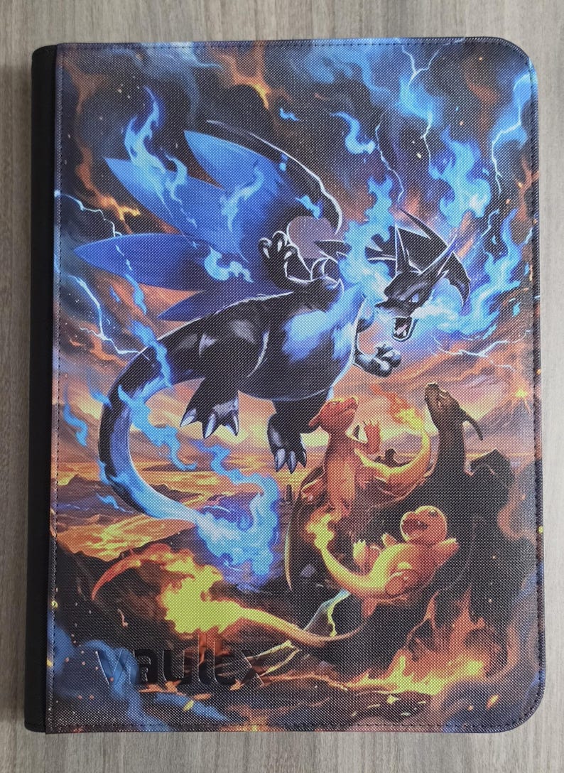 Custom UV printed Pokémon-themed trading card black zippered binder featuring Mega Charizard X SIR Vault X logo at the bottom Side loading tcg binder