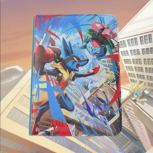 May include: A rectangular protective tablet case featuring a vibrant, multi-colored graphic illustration of Lucario, Venusaur, and other creatures in a dynamic battle scene set against a stylized urban cityscape with blue, red, and yellow accents.