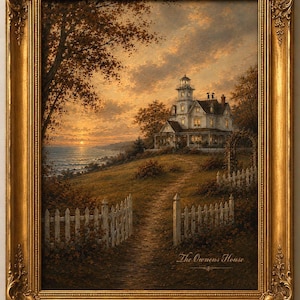 May include: A framed painting in an ornate gold frame depicting a coastal house with a lighthouse tower at sunset. A white picket fence lines a dirt path leading to the house, with trees and a cloudy sky. The text The Ownens House is visible.