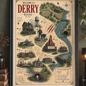 Può includere: Una stampa incorniciata intitolata Welcome to Derry Maine Est. 1627, che mostra punti di riferimento illustrati come la statua di Paul Bunyan, il Capitol Theatre e il sistema fognario. La mappa include una legenda, informazioni e palloncini rossi.