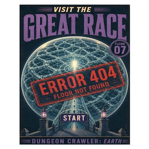 May include: A vertical poster titled VISIT THE GREAT RACE with purple text and a large glowing blue sphere. A red rectangular stamp across the center reads ERROR 404 FLOOR NOT FOUND. Below, a sign reads START, with DUNGEON CRAWLER: EARTH at the bottom.