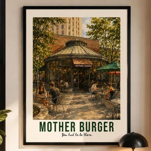 Digitalt tryck av Mother Burger NYC, nostalgisk teaterkonst från Hell's Kitchen (digital nedladdning)
