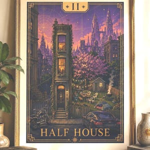 May include: A framed art print titled HALF HOUSE featuring a narrow, multi-storey building with an ankh symbol on the door. The scene depicts a sunset cityscape with a motorcycle, a car, a backyard with a tent, and a grill. The border is gold.