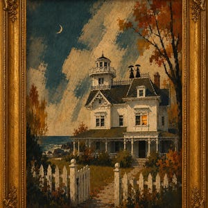 May include: A framed painting of a white Victorian house with a lighthouse tower, a white picket fence, and autumn trees under a crescent moon. Two figures with umbrellas stand on the roof. The scene features a coastal view with a glowing window.