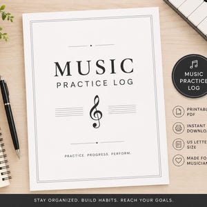 May include: A white Music Practice Log with black text and a treble clef. The log includes the text "Practice. Progress. Perform." and is accompanied by a black pen, a spiral notebook, and a piano keyboard.