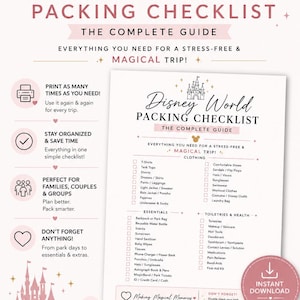Può includere: Una lista di controllo per i bagagli di Disney World con un'icona a forma di castello, organizzata in categorie tra cui abbigliamento, elementi essenziali e articoli da toeletta. Il testo include titoli come The Complete Guide e elenchi puntati.