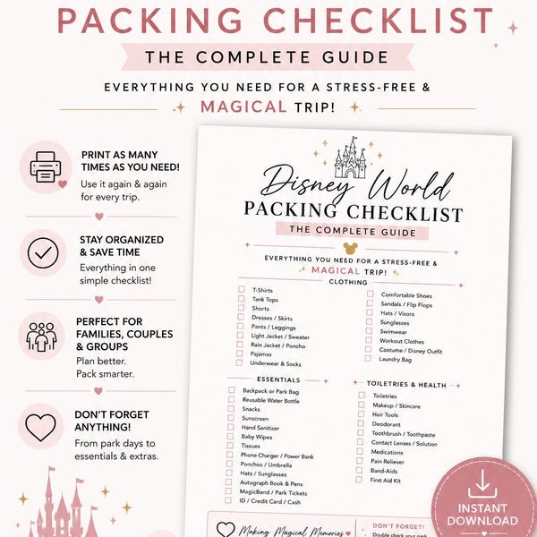 Disney World Packing Checklist Printable PDF | Ultimate Disney Vacation Planner | Family Travel Checklist | Disney Trip Essentials | Instant