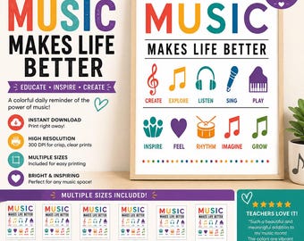 May include: A framed wall art print featuring the text MUSIC MAKES LIFE BETTER in rainbow colors. Below the text are ten icons representing musical concepts including a treble clef, notes, headphones, microphone, piano, drum, and heart, each with a label.