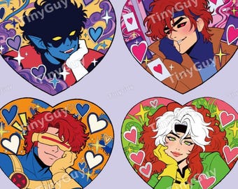 May include: Four heart-shaped stickers featuring comic book characters. One shows a blue-skinned character with dark hair, another a red-haired character with playing cards, one a character with a yellow visor, and one a character with white-streaked hair.
