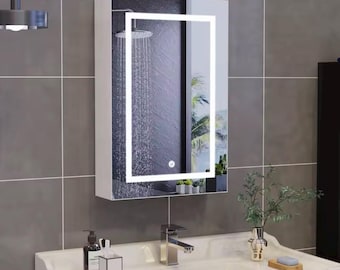 Armoire Miroir LED Salle de Bain | Meuble Mural Lumineux Tactile 3 Couleurs | Rangement Suspendu Blanc 50x70cm | Armoire Pharmacie