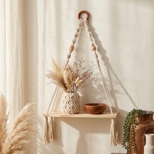 Étagère Suspendue en Macramé, Étagère Murale Bohème en Bois, Déco Intérieure Boho, Rangement Suspendu Plante et Vase, Cadeau Crémaillère