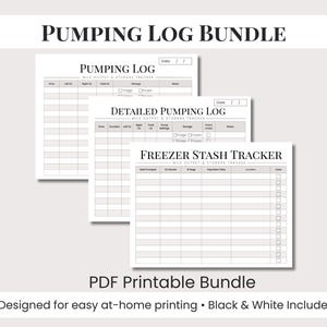 Op de afbeelding: Een Pumping Log Bundle met drie printbare PDF-vellen: een Pumping Log, een Detailed Pumping Log en een Freezer Stash Tracker. Elk wit vel bevat zwarte tekst, rasterlijnen en kolommen voor het bijhouden van melkopbrengst, opslag en datums.