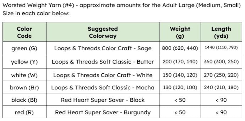 May include: A table titled Worsted Weight Yarn (#4) - approximate amounts for the Adult Large (Medium, Small) Size in each color below. It lists color codes, suggested colorways, weights in grams, and lengths in yards for six yarn colors.