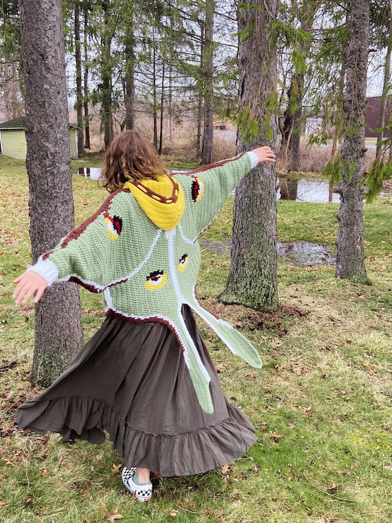 Luna Hoodie - Crochet Tapestry Moth Sweatshirt Cardigan Pattern (PDF) - Sizes Women's 5X-S, Men's 2X-XS