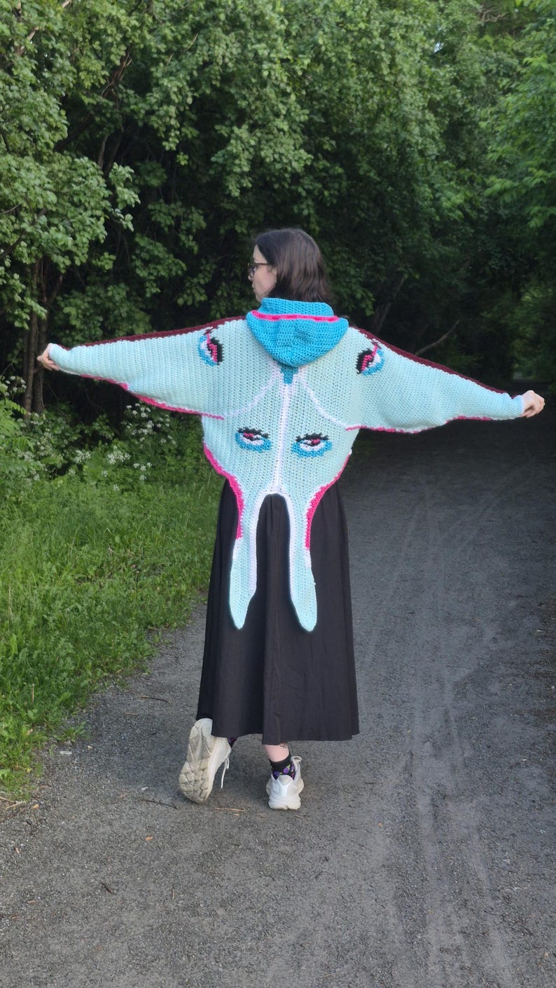 May include: A light blue crochet hooded cardigan featuring a moth-inspired design with long, pointed wing-like sleeves, a bright blue hood, and pink and dark purple accents. The back displays stylized eye patterns in blue, black, and pink.