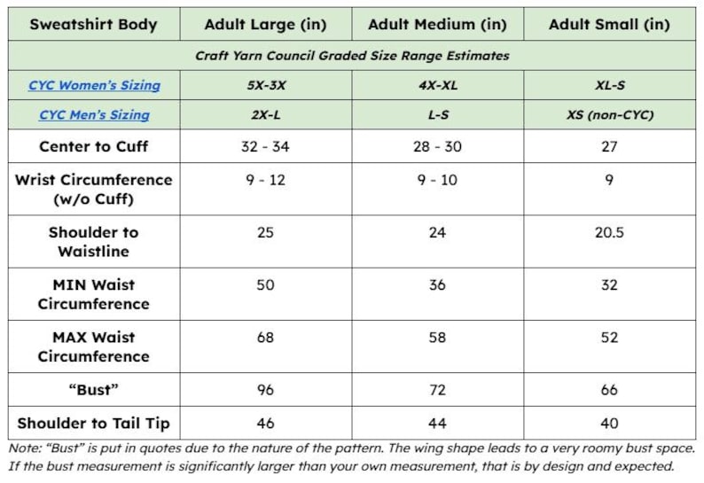 May include: A sizing chart table titled Sweatshirt Body with columns for Adult Large, Medium, and Small. It lists Craft Yarn Council Graded Size Range Estimates, measurements for center to cuff, wrist, waist, bust, and shoulder to tail tip in inches.