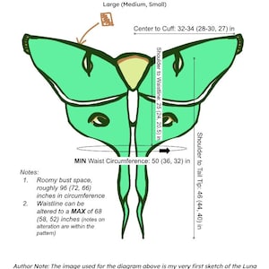 May include: A Sweatshirt Body Diagram featuring a green moth illustration with measurements in inches. Text includes Center to Cuff 32-34, Shoulder to Waistline 25, Shoulder to Tail Tip 46, and MIN Waist Circumference 50, with notes on bust and waist sizing.