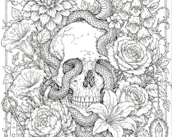 Goth Malseite für Erwachsene | Hexe Fantasy Zauber Malbuch | Achtsamkeit Ästhetische Wandkunst | Totenkopf und Schlange Floral Spooky Printable