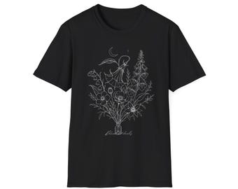Blumenhexe Blumenstrauß T-Shirt | Mond, Wildblumen, Botanische Illustration | Zierliche aber tödliche Giftflasche