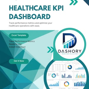 May include: A digital healthcare KPI dashboard Excel template by Dashory. The graphic features teal geometric patterns, the text 'HEALTHCARE KPI DASHBOARD', and a circular inset displaying various data charts, graphs, and performance metrics.