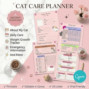May include: A digital cat care planner set featuring pages for About My Cat, Daily Care, Weight Growth Tracker, and Emergency Information. The pink-themed templates include cat illustrations, checklists, and data fields for pet details.