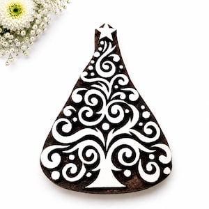 Hand Carved Christmas Tree Block Stamp | Sheesham Rosewood Swirl Design, Fabric Printing
