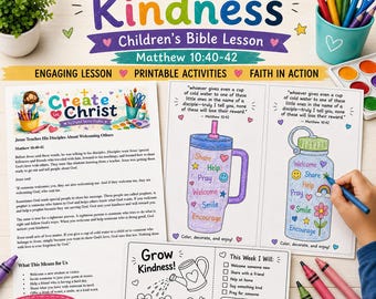 Matthew 10:42 Cup of Kindness Craft and Kids Bible Lesson plan | Water Bottle Tumbler coloring page | Sunday School Lesson. June 28th Gospel