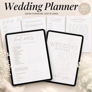 May include: A digital wedding planner template set featuring a cover page with floral line art and the text Wedding Planner, plus various checklist pages including Final Details, Final Checklist, and Important Contacts, all in a clean white layout.