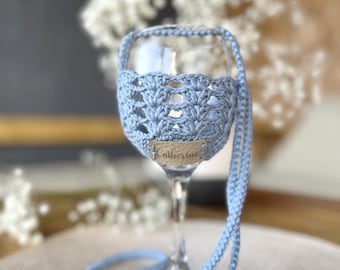 Personalisierter Weinglashalter, gehäkeltes Weinglas Schlüsselband, Getränkehalter, Geschenk für Brautjungfer, Mädchennacht, Weinliebhaber, Garten, BBQ Party