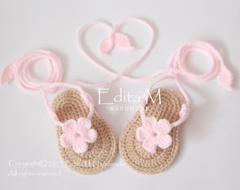 Crochet baby sandals, baby slippers, flip flops, gladiator sandals, baby girl booties, shoes, slippers, flower sandals, pink, tan, gift idea