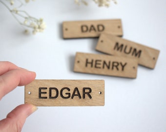 Wooden labels 75mm x 25mm personalised tags oak wood custom logo name engraved room sign mini plaque living customized home organization