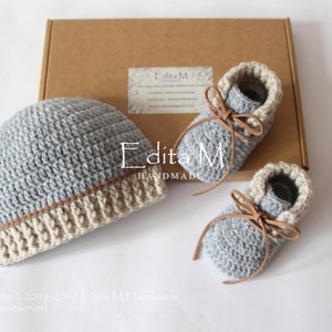 Gehäkeltes Baby-Set, Unisex-Baby-Set, Babyschuhe, Babymütze, Schuhe, Mütze, grau, beige, 0-3, 3-6 Monate, Geschenk für die neue Mutter, Babyparty