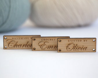 Wooden labels 40mm x 15mm, knitting labels, personalised tags for handmade items, crochet, oak wood, customized logo label, engraved labels