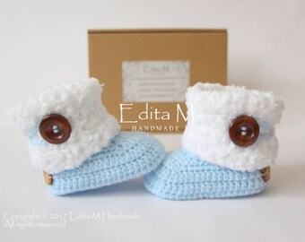 Crochet baby booties, unisex baby booties, baby shoes, baby blue, 0-3, 3-6, 6-9 months, winter boots, fur shoes, baby shower, gift for baby