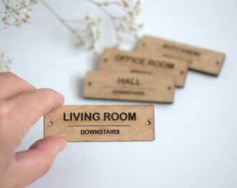 Wooden labels 75mm x 25mm personalised tags oak wood labels custom logo label engraved labels mini room sign mini plaque living customized