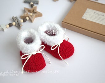 Unisex baby booties, Christmas baby shoes, crochet fur shoes, knitted Santa boots, 0-3, 3-6, 6-9 months, baby shower gift, first Christmas