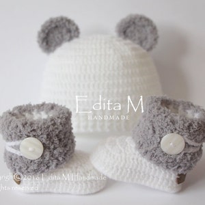 Unisex baby set, crochet baby set, booties, bear hat, fur shoes, boots, newborn set, baby shower gift, Christmas, announcement, gift idea