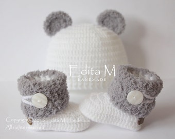 Unisex baby set, crochet baby set, booties, bear hat, fur shoes, boots, newborn set, baby shower gift, Christmas, announcement, gift idea