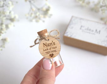 Personalized keepsake glass jar, bottle, lock of hair,  memorial, customized wooden tag, keepsake bottle, box, loss, ashes keepsake, gift