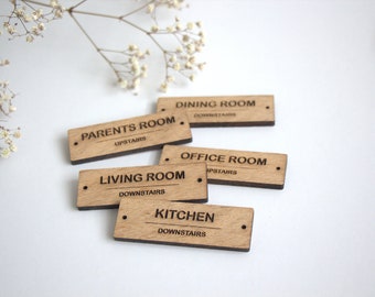 Wooden labels 75mm x 25mm personalised tags oak wood custom logo label engraved room sign mini plaque living customized home organization